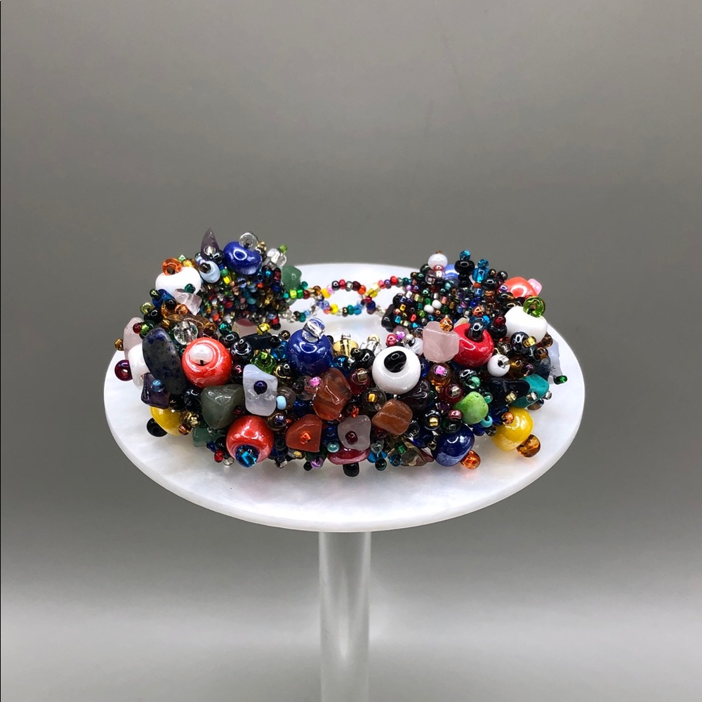 Colorful seed bead ceramic and stone gemstone beads boho festival bracelet.